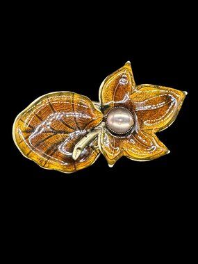 Vintage Brooch Enamel Leaf Autumn Golden Colours